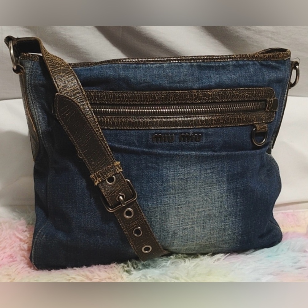 MIU MIU Vintage Denim Bag w/ Brown Crackled Leather Shoulder Strap